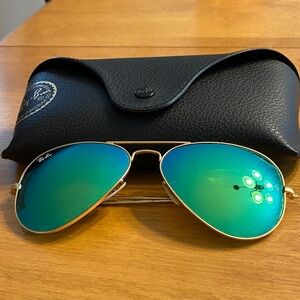 Ray-Ban Gold Aviator Sunglasses with Blue-Green Lenses